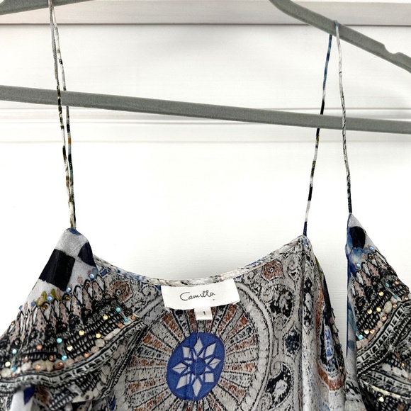 Vintage Camilla Silk Dress with Ruffles and Crystal Accents - Picture 4 of 6